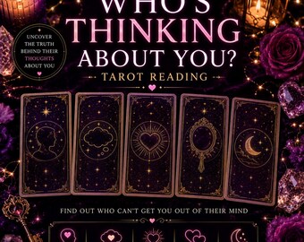 May include: A tarot reading graphic featuring five dark purple cards with gold celestial illustrations, including a silhouette, cloud, heart, mirror, and crescent moon. The text reads WHO'S THINKING ABOUT YOU? TAROT READING and lists five reading categories.