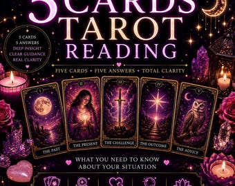 May include: A 5-card tarot reading graphic featuring purple and gold tones. Text reads: 5 CARDS TAROT READING, 5 CARDS 5 ANSWERS DEEP INSIGHT CLEAR GUIDANCE REAL CLARITY, FIVE CARDS FIVE ANSWERS TOTAL CLARITY, WHAT YOU NEED TO KNOW ABOUT YOUR SITUATION.