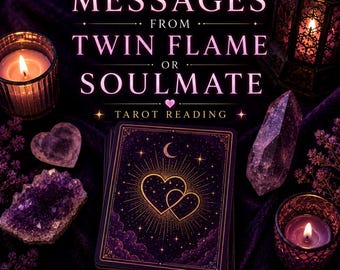 May include: A deck of tarot cards with a dark purple back featuring a gold heart design, surrounded by two lit candles in glass holders, a purple crystal cluster, a clear crystal point, and text reading MESSAGES FROM TWIN FLAME OR SOULMATE.