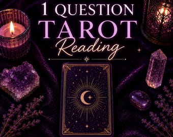 May include: A single tarot card with a dark purple back featuring a gold crescent moon and star design. The card is surrounded by a lit candle, an amethyst cluster, a clear quartz point, a lantern, and lavender sprigs. Text reads 1 QUESTION TAROT Reading.