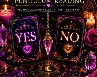 May include: A Yes or No pendulum reading set featuring two cards with purple and gold accents, a crystal pendulum on a gold chain, and a circular mat. Text includes YES OR NO PENDULUM READING, ASK YOUR QUESTION, FOCUS, TRUST THE ANSWER, and THE ANSWER IS REVEALED THROUGH ENERGY.