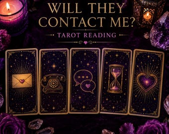 May include: Five tarot cards with dark purple starry backgrounds and gold borders are arranged in a row. The cards feature illustrations of an envelope, a rotary phone, speech bubbles, an hourglass, and a heart. Text reads: WILL THEY CONTACT ME? TAROT READING.