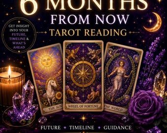 May include: A tarot reading graphic titled 6 MONTHS FROM NOW TAROT READING featuring three cards: The Sun, Wheel of Fortune, and The World. The scene includes a lit candle, purple crystals, and a purple rose against a dark, starry background.