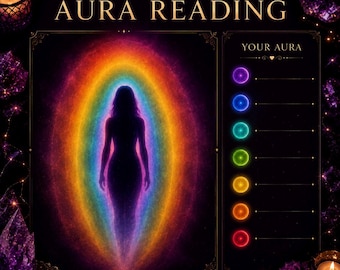 May include: A black graphic chart titled YOUR AURA READING featuring a central silhouette surrounded by a rainbow-colored aura. To the right, a column labeled YOUR AURA displays seven circular icons in purple, blue, teal, green, yellow, orange, and red.