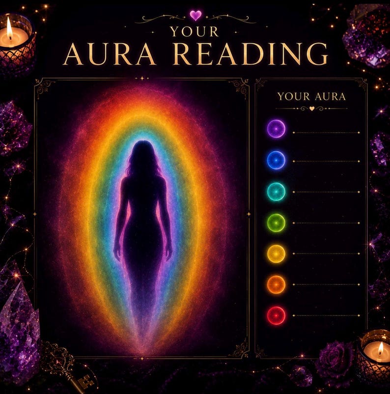 Puede incluir: Un gr&aacute;fico negro titulado YOUR AURA READING que presenta una silueta central rodeada por un aura de colores del arco&iacute;ris. A la derecha, una columna etiquetada como YOUR AURA muestra siete iconos circulares en morado, azul, turquesa, verde, amarillo, naranja y rojo.