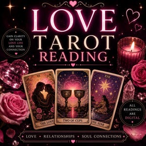 Puede incluir: Un gráfico digital de Love Tarot Reading con el texto LOVE TAROT READING, GAIN CLARITY ON YOUR LOVE LIFE AND YOUR CONNECTION, ALL READINGS ARE DIGITAL y LOVE • RELATIONSHIPS • SOUL CONNECTIONS. Tres cartas de tarot muestran The Lovers, Two of Cups y The Star, rodeadas de rosas rosas, una vela encendida y corazones de cristal.