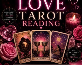 May include: A digital Love Tarot Reading graphic featuring the text LOVE TAROT READING, GAIN CLARITY ON YOUR LOVE LIFE AND YOUR CONNECTION, ALL READINGS ARE DIGITAL, and LOVE • RELATIONSHIPS • SOUL CONNECTIONS. Three tarot cards show The Lovers, Two of Cups, and The Star, surrounded by pink roses, a lit candle, and crystal hearts.