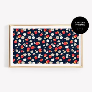 Floral Pattern Digital Art for Samsung Frame TV Vibrant Spring Design With Red White Flowers on Dark Background, Colorful scene Tv Artwork