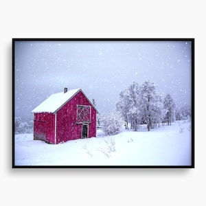 Open Edition Wall Art Red Barn Poster Winter Scenery Travel White Landscape Home Decor For House Fine Art Giclee Print Rustic Decor