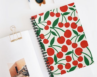 Cuaderno espiral con estampado de cerezas, bonito diario de frutas, papelería de estética retro, cuaderno colorido para uso diario, para la escuela, el trabajo y el diario.