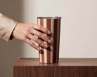 Striped Tumbler Gift For Coffee Lover Brown Travel Cup Office Drinkware Present Retro Mug Commuter Essential Neutral Kitchen Style Cup