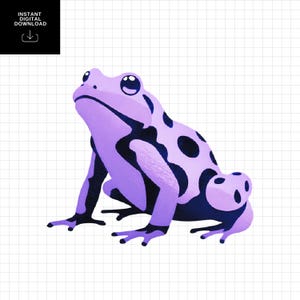 Könnte beinhalten: Eine digitale Illustration eines lilafarbenen Frosches mit schwarzen Flecken und Akzenten. Der Frosch sitzt mit gespreizten Beinen, und das Bild enthält den Text "INSTANT DIGITAL DOWNLOAD".