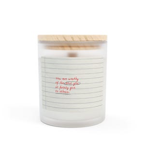 Vela con carta escrita a mano, vela de vidrio esmerilado, mensaje inspirador, decoración relajante para el hogar, regalo de relajación, diario motivacional, vela con cita