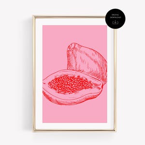 Printable Papaya Wall Art Print Vibrant Tropical Fruit Illustration Wall Art For Kitchen Tutti Frutti Pink and Red Printable Summer Poster