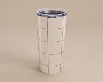 Minimalist Grid Pattern Tumbler for Coffee Lovers Neutral Aesthetic Travel Mug Modern Beige 20oz Cup for Work Desk Gift For Coworker Friend