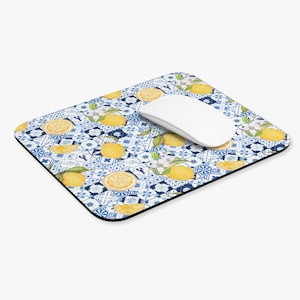 Lemon Tile Pattern Mouse Pad | Citrus Blue Mosaic Desk Mat, Italian Mousepad