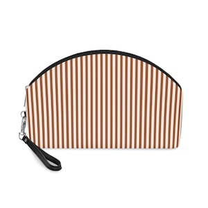 Retro Makeup Bag Brown, White Strips,  Vintage Cosmetic Organizer for Travel Gift Ideas, Beauty Gift Ideas, Daily Use Essentials, Minimalist