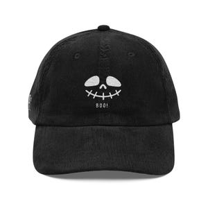 Embroidered Corduroy Hat For Fall, Vintage Corduroy Cap Skeleton Face Smiling, Retro Hat Corduroy Vintage Baseball Cap For Halloween 90s Hat
