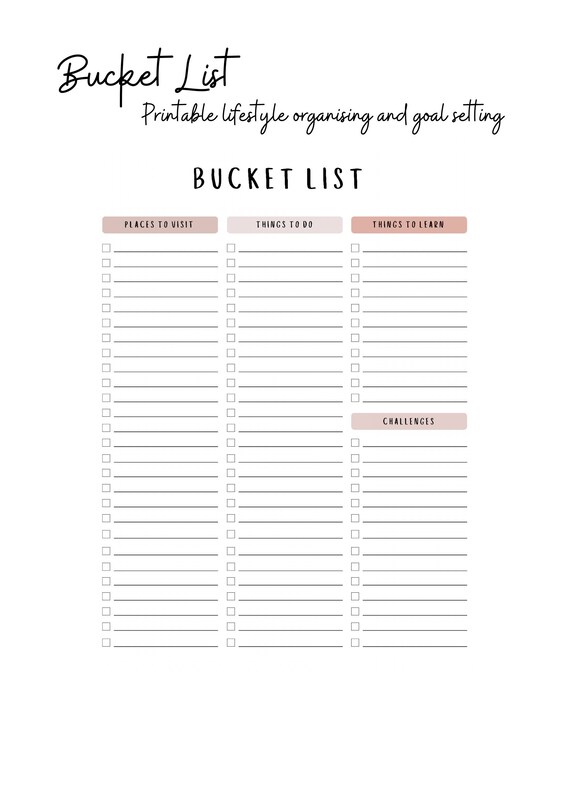 Bucket List Tracker Planner Organiser Printable Etsy