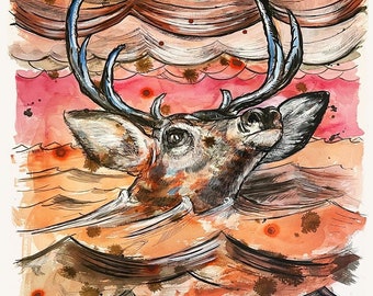 One of Kind Ink and Watercolor Painting: Swimming Deer