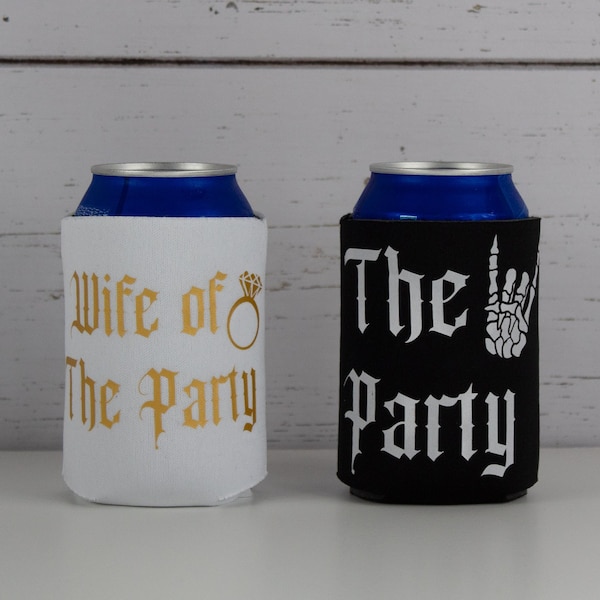Wife of the Party And The Party  Can Cooler, Gothic Wedding Bachelorette, Bachelorette Can Coolers, Goth Bachelorette Favors