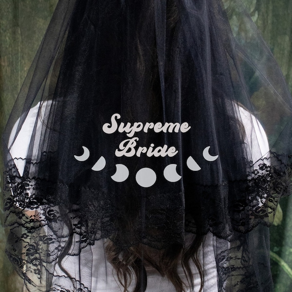 Supreme Bride Bride to be with moons Veil, Future Mrs., Halloween Bachelorette, Goth Witch Black Veil, Personalized, FREE U.S. SHIPPING