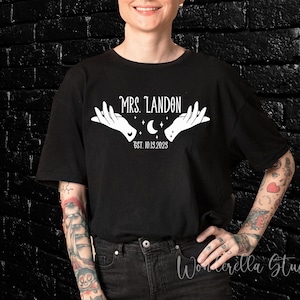 Mrs. Just Married Shirt, Celestial, Witchy Wedding Shirt Engagement Gift, Halloween Wedding, Goth Wedding Decor, Bridal getting ready Shirt