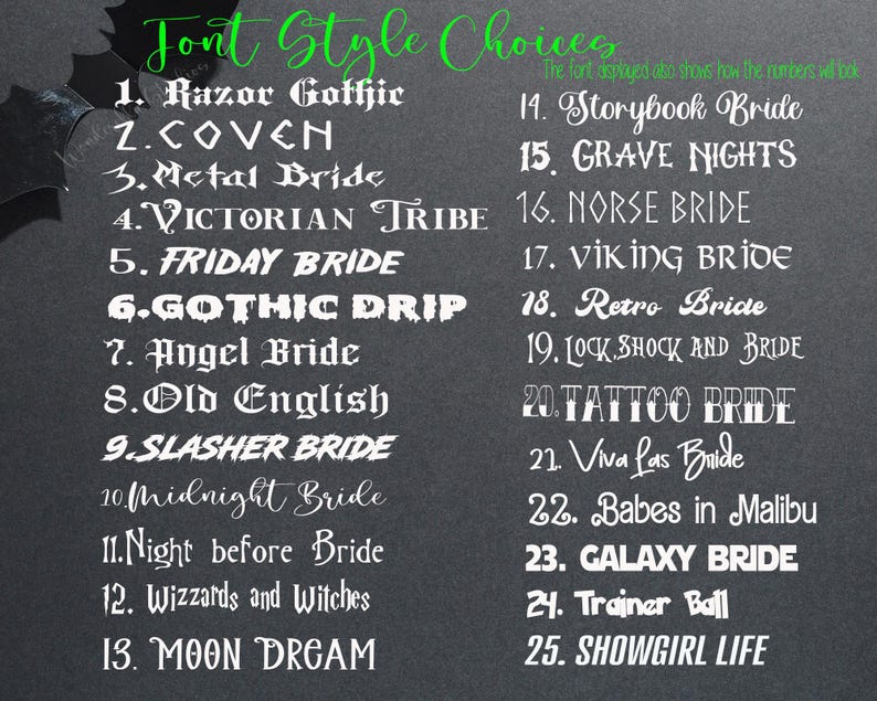 May include: A dark gray background displays a list of 25 font style choices in white. The title "Font Style Choices" is in green script. The fonts range from Razor Gothic to Showgirl Life.