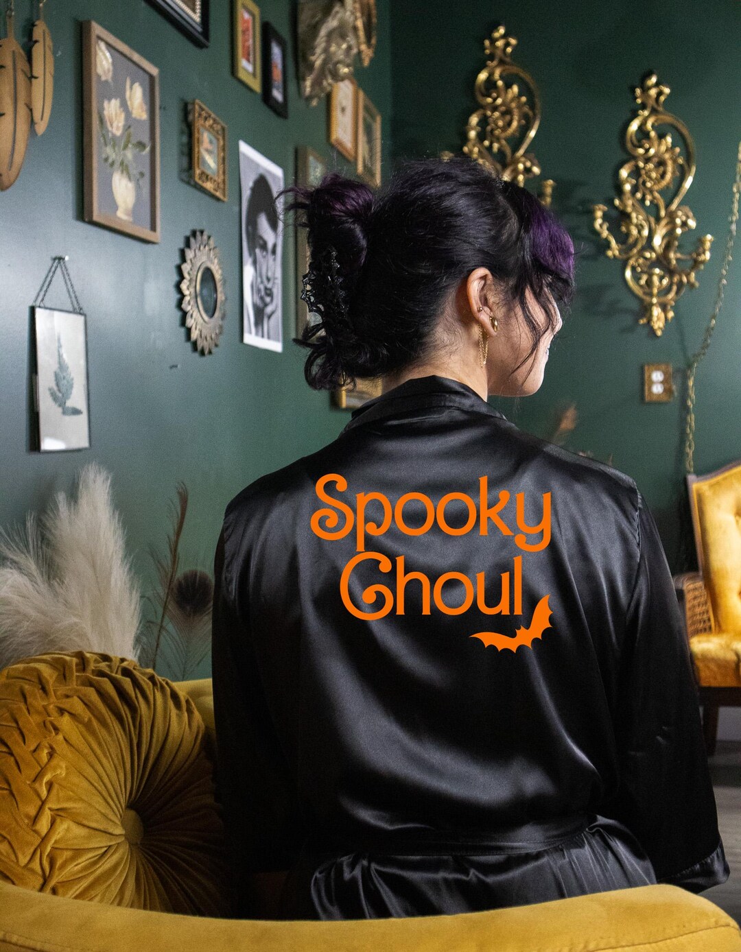 Goth Girlfriend Satin Lounge Robe – Spooky Bat & Ghoul Graphic – Cozy ...