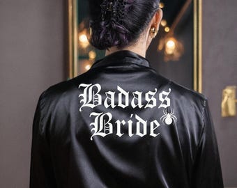 Badass Bride with Spider Robe, Bridesmaid robes, Gothic Bridal Party, Gothic Bride dressing gown, Getting Ready Robe,Plus Size Robes