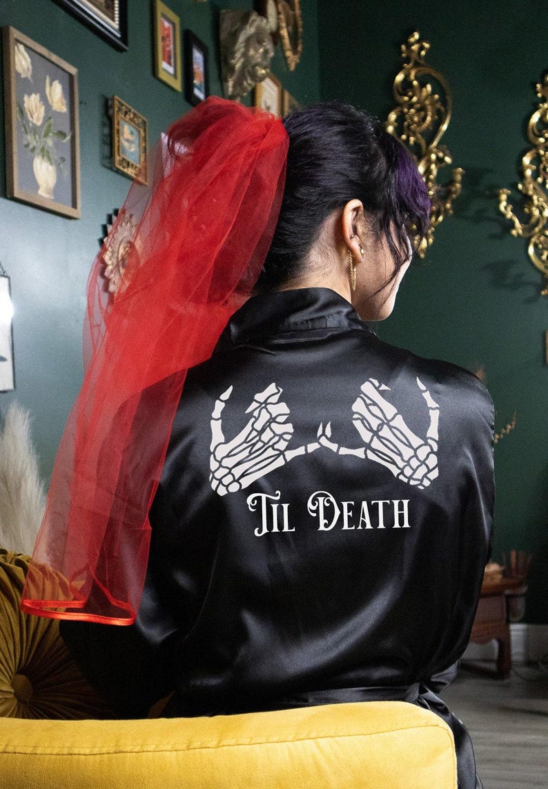 Bridal Gothic Skeleton Pinky Promise Robe, Bride Till Death Bachelorette Robe, Gothic Bridal Party, Getting Ready Robe, Plus Size Robe image 1