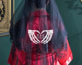 Bride to be Til Death with hands Veil, Future Mrs., Halloween Gothic Bachelorette Black Veil, Personalized, FREE U.S. SHIPPING