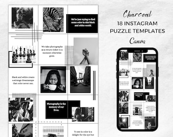 Charcoal Instagram Puzzle Canva Templates | Instagram Templates | Puzzle Feed | Social Media Templates | Minimalist | Black and White, B&W