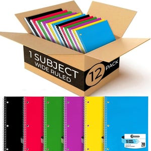 Spiral Notebooks, 12 Pack, 1 Subject Notebook, Wide Ruled, 70 Sheets, 8 X 10-1/2&quot;, 3 Hole Punched, School Supplies, Bulk Single Subject Spir
