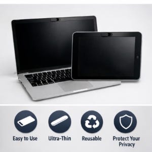 Könnte beinhalten: Ein silberner Laptop und ein Tablet mit schwarzem Bildschirm, beide mit schwarzen Webcam-Abdeckungen. Darunter vier Symbole mit den Texten: "Einfach zu bedienen", "Ultra-dünn", "Wiederverwendbar" und "Schützen Sie Ihre Privatsphäre".