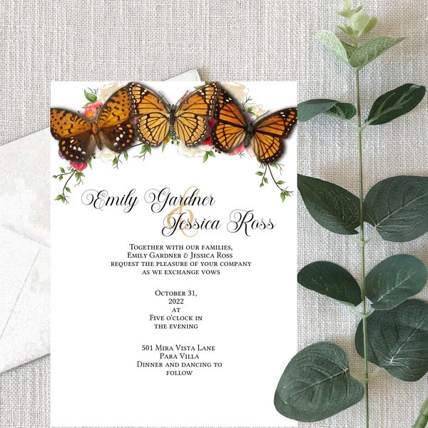 Butterfly Wedding Invitation, Monarch Butterflies | Wedding Invitation Template | Digital Wedding Invitation