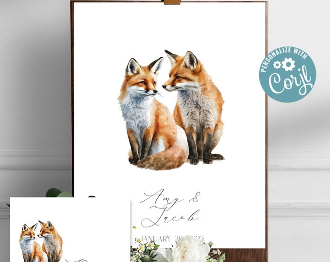 Watercolor Foxes, Keepsake Art, Guestbook Alternative for Wedding, Wedding Guestbook Template, Guestbook Canvas