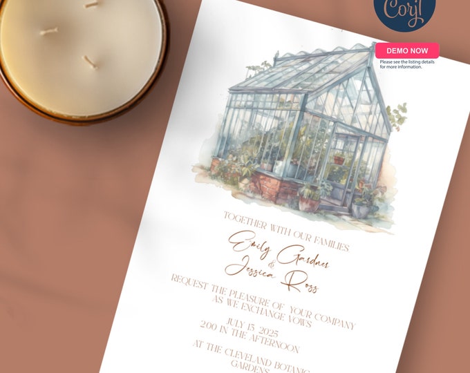 Watercolor Venue Illustration Wedding Invitation, Botanic Gardens Greenhouse Wedding Invitations, Victorian Greenhouse