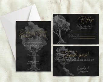 Tree Wedding Invitation Template, Moody Wedding Invitations, Printable Wedding Sign Bundle, Wedding Invitation with RSVP