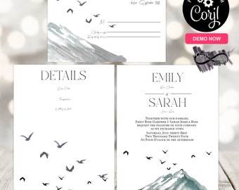 Destination Wedding Invitation, Watercolor Venue Illustration Wedding Invitation, Mountains and Birds Wedding Invitations