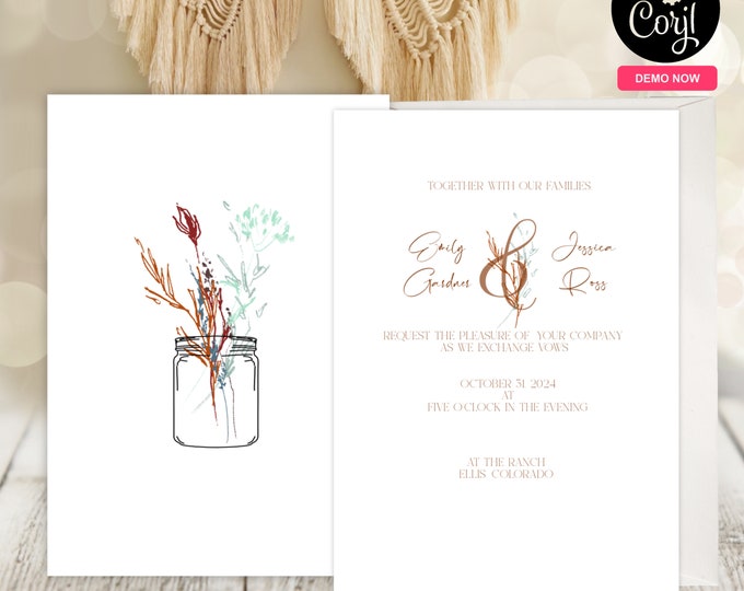 Customizable Wedding Invitation Template | Hand Drawn Wildflowers | Fully Recolorable | Mason Jar | Editable Fonts & Colors