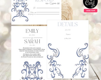 Dusty Blue Wedding Invitation Bundle, Watercolor Illustration Wedding Invitation Template with RSVP