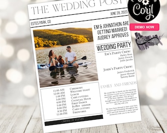 Newspaper Wedding Program Template, One page wedding program template, Digital Download Wedding Program with Photo