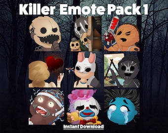 Könnte beinhalten: Ein Set mit neun Emotes im Cartoon-Stil, die Charaktere aus dem beliebten Videospiel Dead by Daylight zeigen. Die Emotes sind in einem Rasterformat angeordnet und zeigen Charaktere wie den Trapper, die Huntress, the Shape, die Hag, den Hillbilly, die Nurse, den Cannibal, das Pig und den Doctor. Die Emotes sind alle in einem farbenfrohen Cartoon-Stil gehalten und perfekt, um deinen Online-Chats einen Hauch von Spaß zu verleihen.