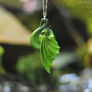 Green Dragon Necklace, Fantasy Forest Spirit Amulet, Handmade Polymer Clay Dragon Pendant, Emerald Wyrm Woodland Charm, Ren Faire Jewelry