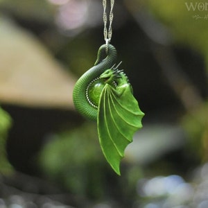 Green Dragon Necklace, Fantasy Forest Spirit Amulet, Handmade Polymer Clay Dragon Pendant, Emerald Wyrm Woodland Charm, Ren Faire Jewelry