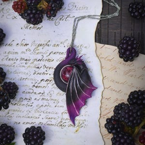 Fantasy Amulet, Black and Purple Dragon Pendant, DnD Themed Gift, Whimsical Necklace for LARP Costume Cosplay, Medieval Ren Faire Jewelry