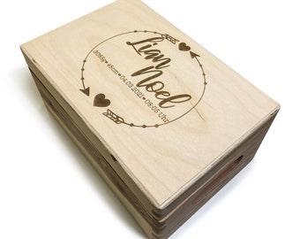 Gift for Birth Baptism Birth Box Memory Box Heart Name Wooden Box Crate Memory Birth Mom Dad Baby Child