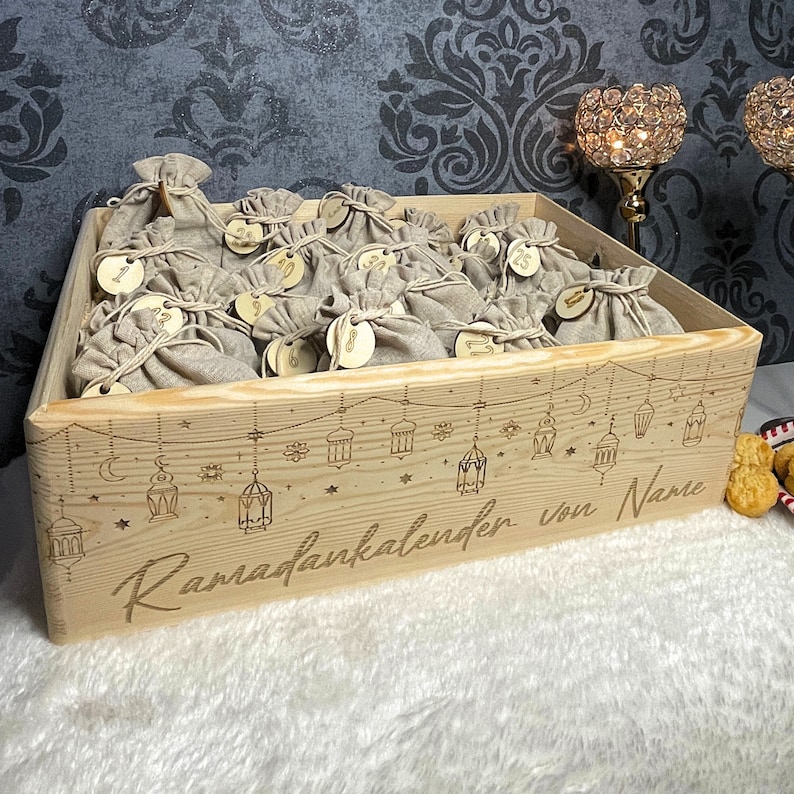 Ramadan Kalender Box Ramadankalender Motiv Laterne Islam Mubarak Kareem zum selbst befüllen für Kinder Holz Holzkiste wiederverwendbar