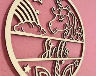 Unicorn door sign children's room child door sign room wood individually personalized name plate wooden sign birthday baptism baby name